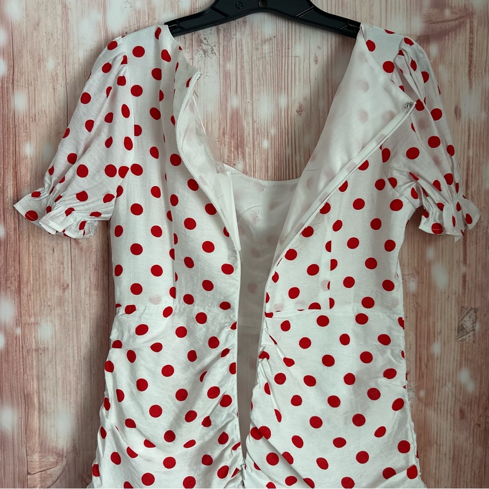 Endless Rose White Retro Style Red Polka Dot Ruffle Hem Ruched Mini Dress Size M - Picture 15 of 16